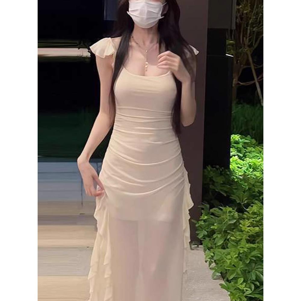 New French Pure Desire Feifei Sleeve Mesh Dress Waist Skinny Medium and Long Dress Pure Desire Wind Split Spice Girl Skirt