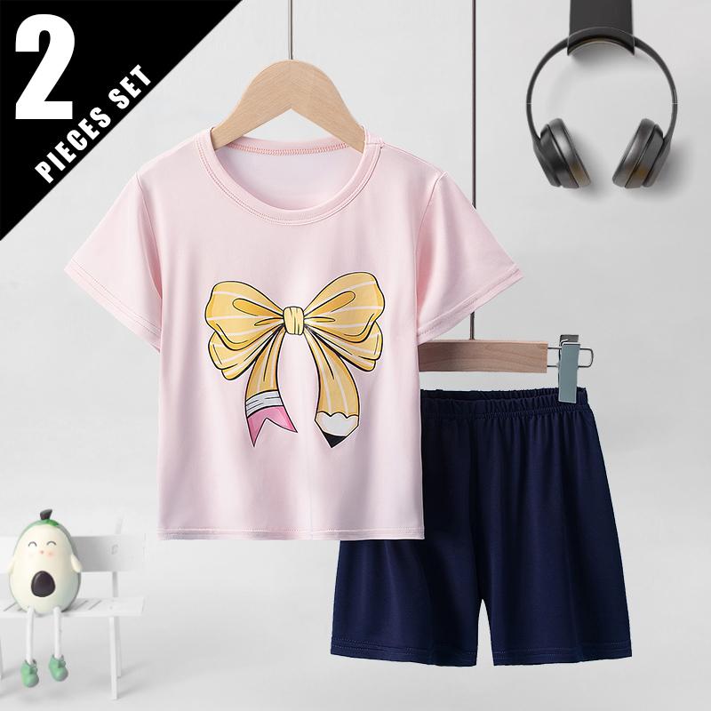Kids' Two-piece Set with Short Sleeves and Shorts, Sweet Pink for Girls, Casual and Versatile, Comfortable and Easy-going