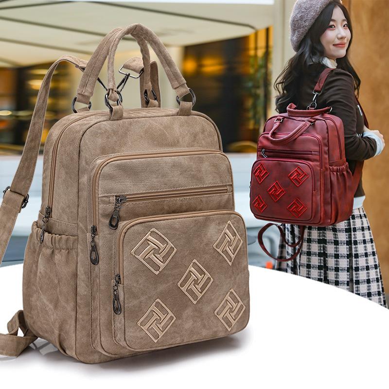 Vintage Leather Backpack for Women Casual Daypack Travel Shoulder Bag with Multi Pockets