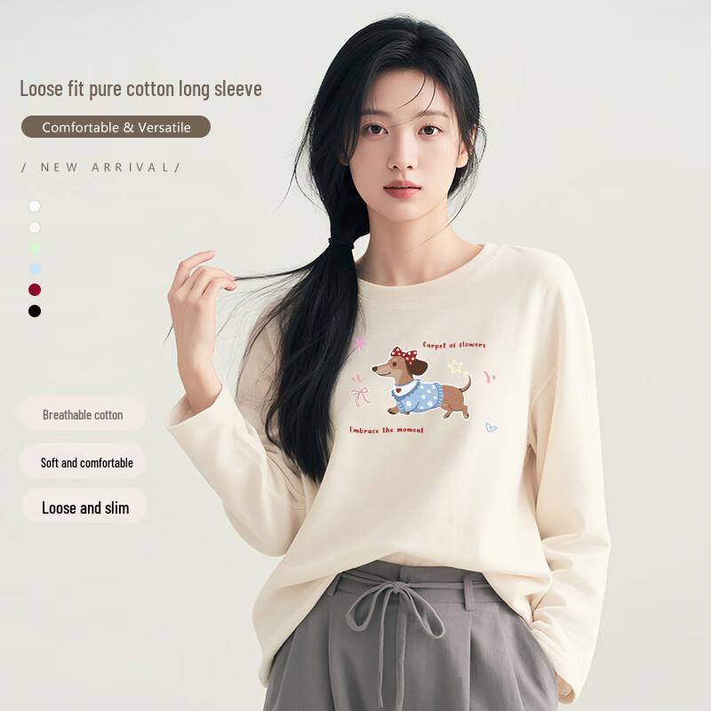 Baleno Women's Pure Cotton Long-Sleeve T-Shirt with Bow Puppy Print