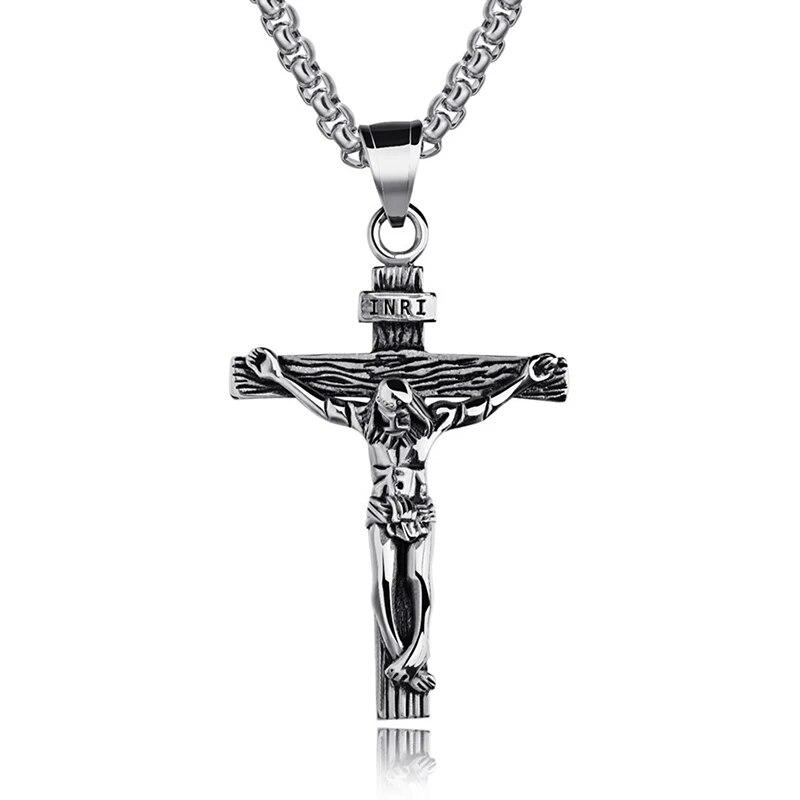 Bijoux Crucifix jésus Christ pour hommes et femmes, couleur or marron argent, pendentif croix en métal avec chaîne de cou, colliers pour hommes et femmes