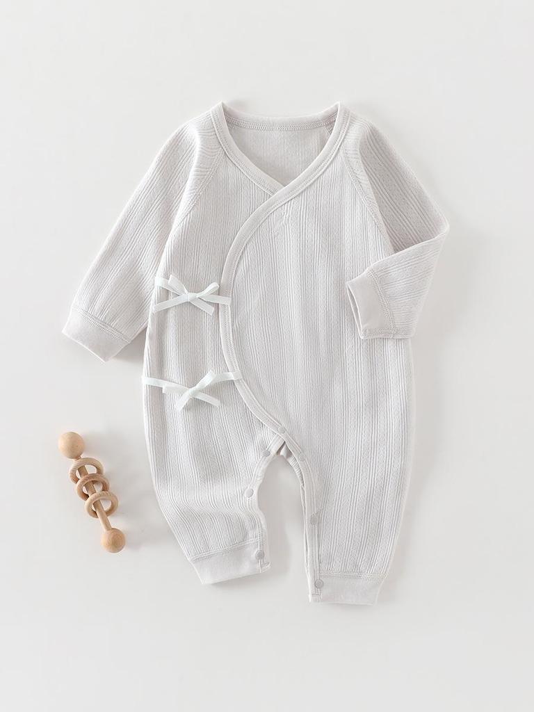 Pure Cotton Long-Sleeve Butterfly Bodysuit for Infants and Toddlers - Belly Protection, Lace-Up Design, One-Piece Home Wear, Spring
