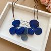 Women's Double Layer Blue Acrylic Three Flower Pendant Necklace Wax Rope Chain Choker