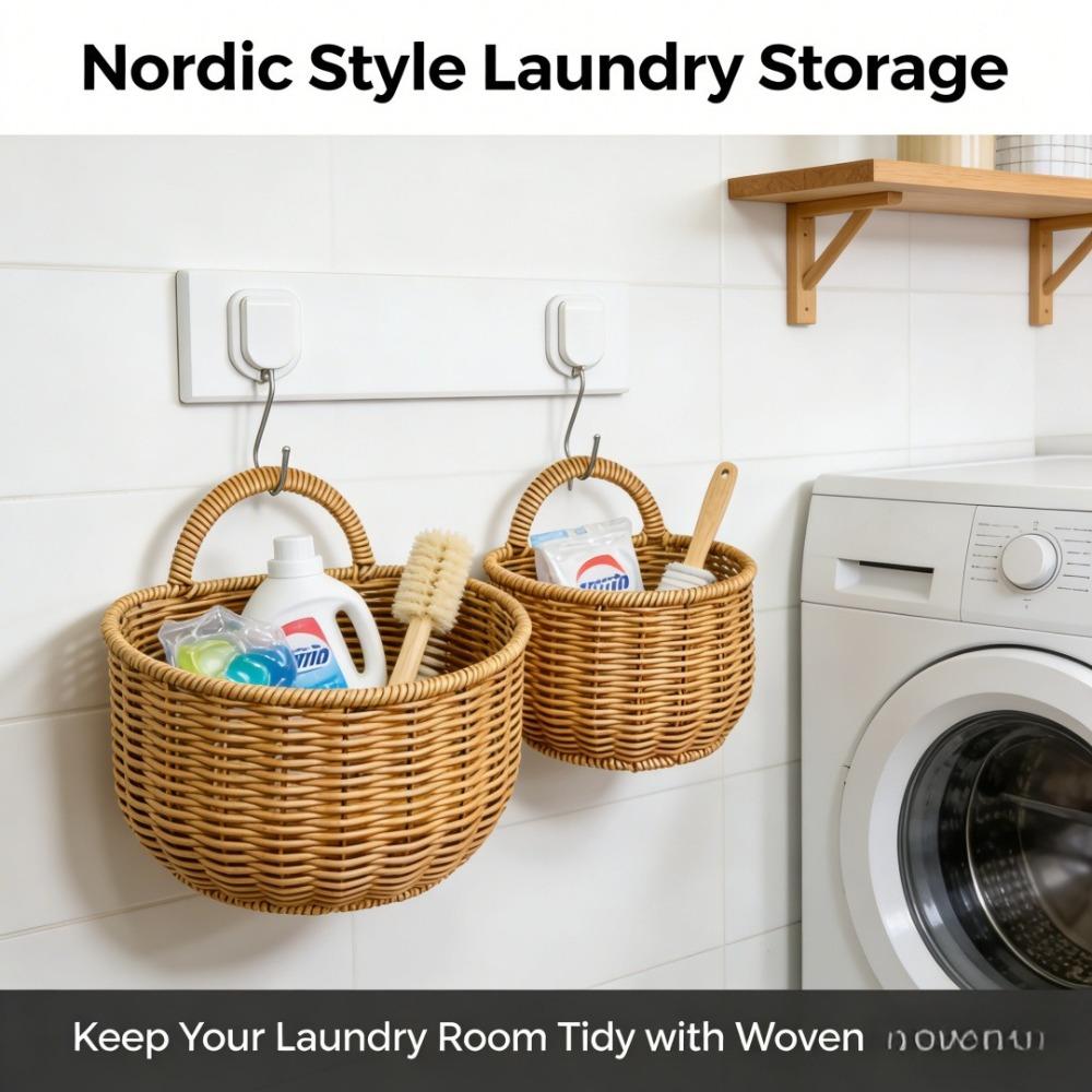 Handwoven Rattan Wall Hanging Basket - Wicker Storage Organizer for Kitchen, Bathroom & Home, Hanging Fruit Basket with Handle