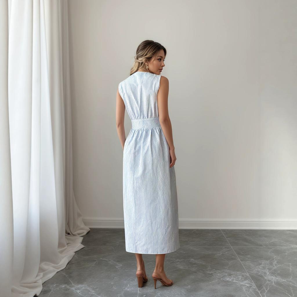 European and American Foreign Trade Women's Clothing Source Factory Temperament Split V-neck Pleated Waist Striped French Dress 2026 Summer