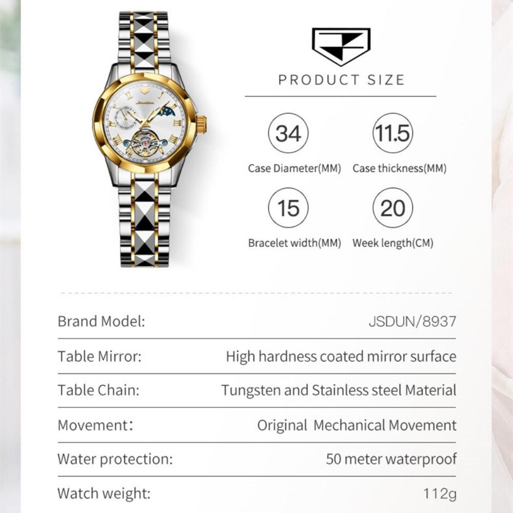 JINSHIDUN Neue Business- und Freizeit-Damenuhr Tourbillon Wasserdicht Leuchtende multifunktionale mechanische Uhr Damenuhr