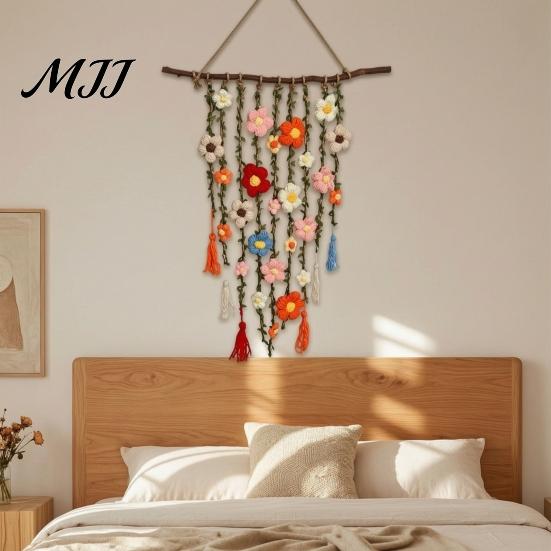 Boho Wall Decor Bohemian Crochet Flower Hanging Tapestry, Handmade Tassels Soft Yarn with Wooden Stick, Living Room Bedroom Art Decoration