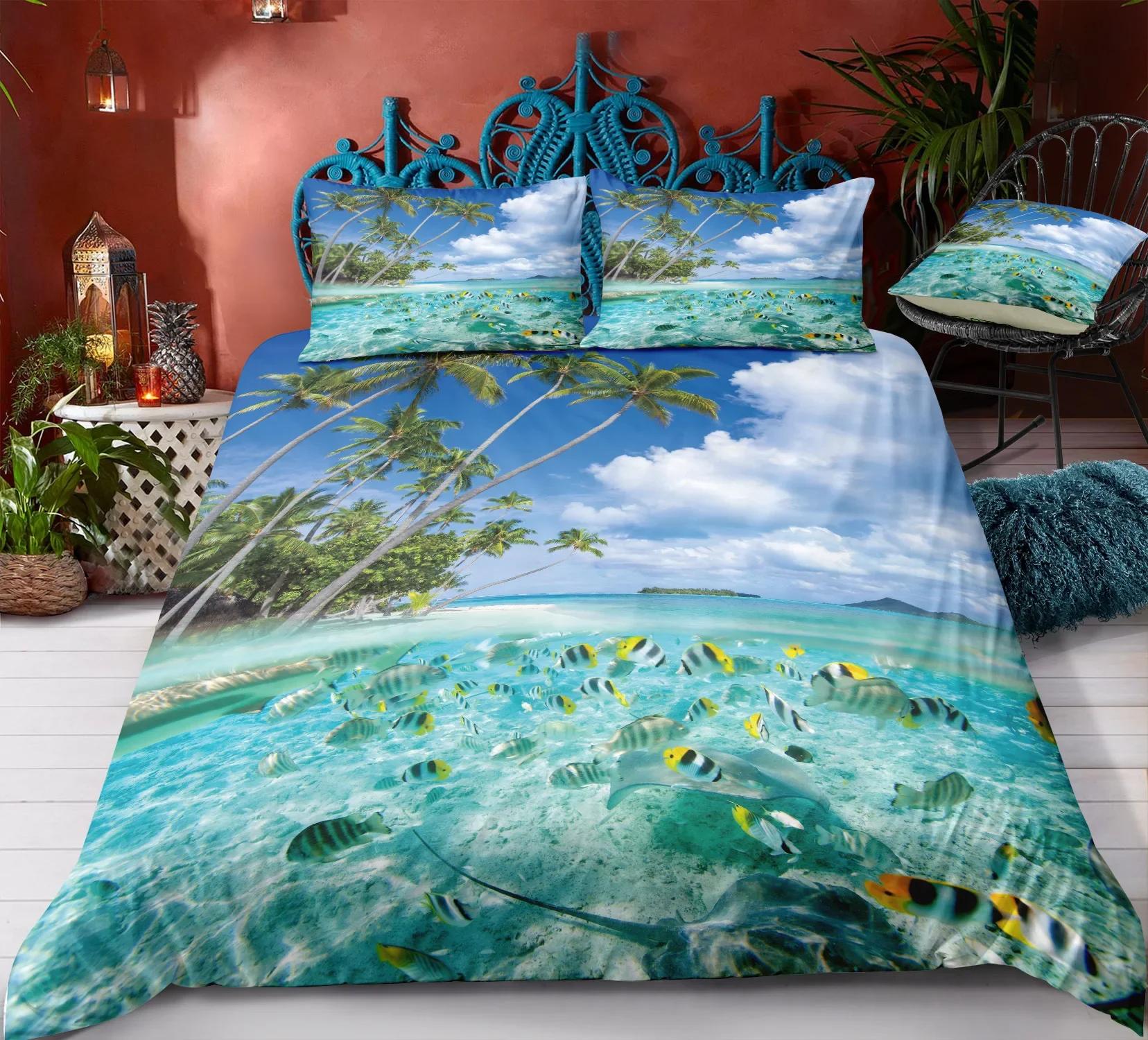 

Ocean Fish Gren Beding Set Soft Duvet Cover featuring Pilowcases 10% Bambo Fiber 3D Print Hawaian Scenery Sea Wave Warm Comforter Cover 135*200cm Eu-Single