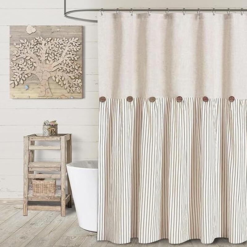 Hàndùn Cotton Linen Button-Spliced Striped Shower Curtain