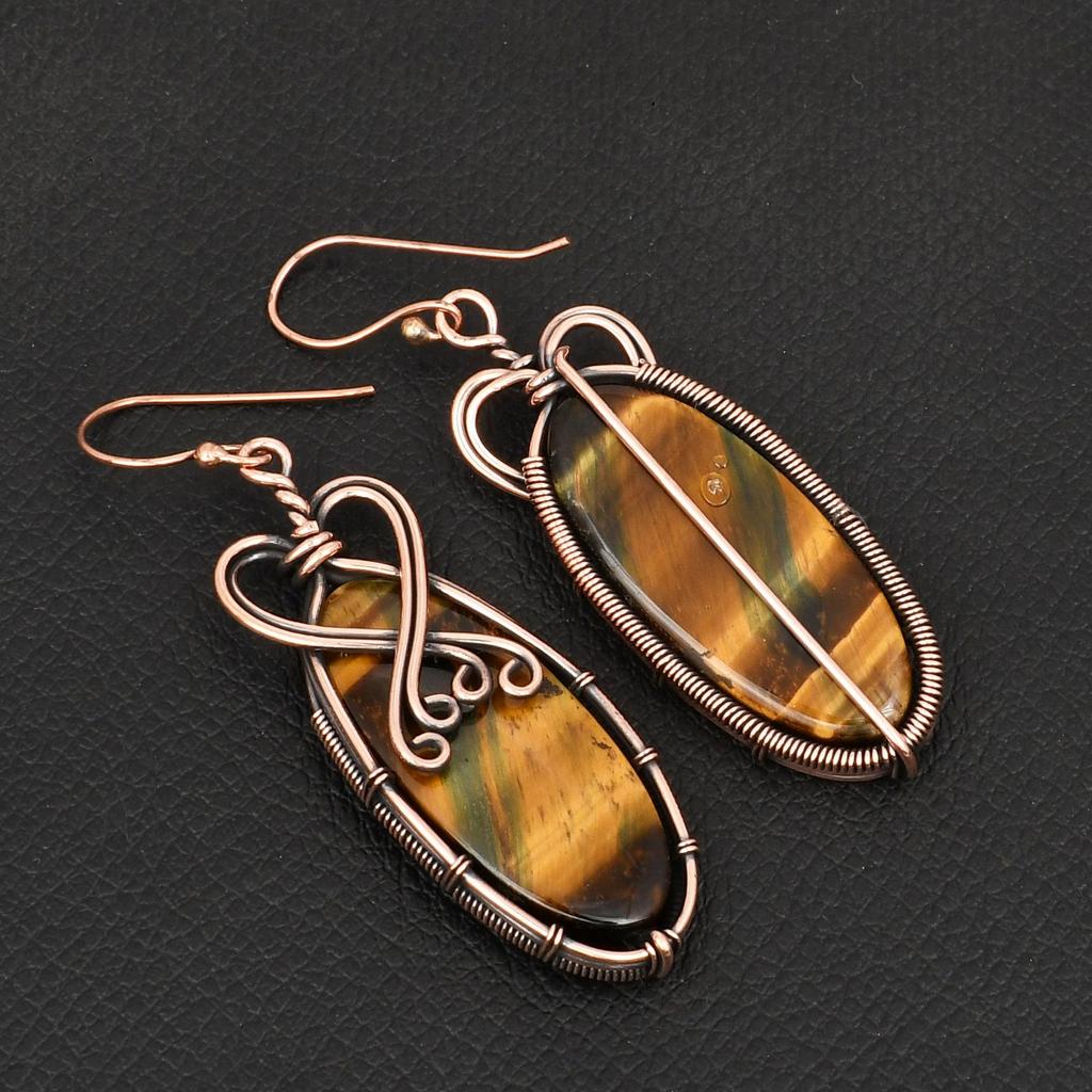 Handmade Wire Wrapped Copper Earrings with Tiger Eye Gemstone Vintage Boho Style Dangle Earrings for Women