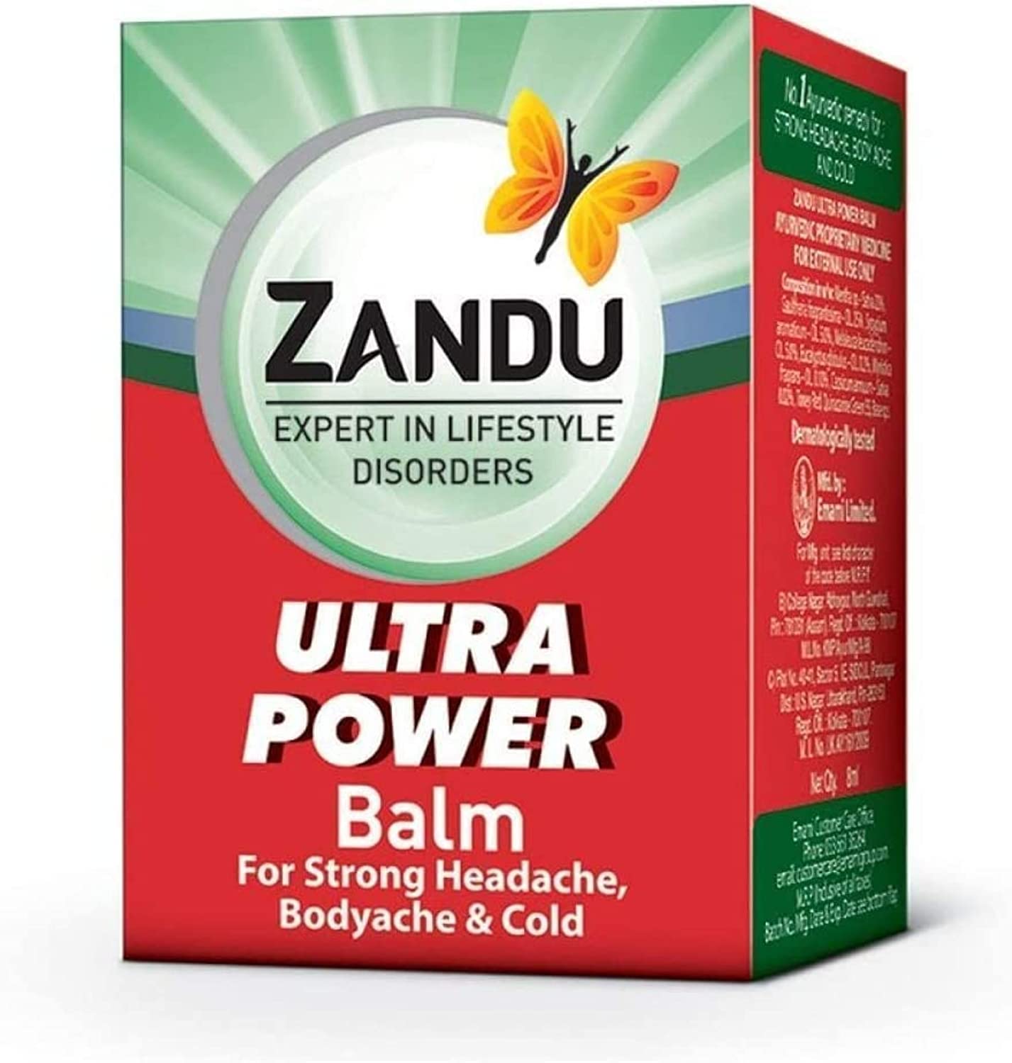 Zandu Balm Ультра Сила Аюрведический Бальзам Для Облегчения Боли При Головной Боли, Комфорта Тела И Мышц Быстро Впитывающийся Не Жирный Бальзам 8 мл