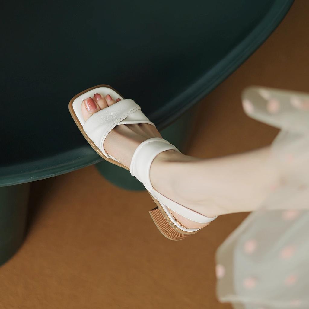 Leather Square Head Open-toed Sandals Female Summer 2025 New Versatile Thick High Heel with Fairy Style Outside Sandals Tide