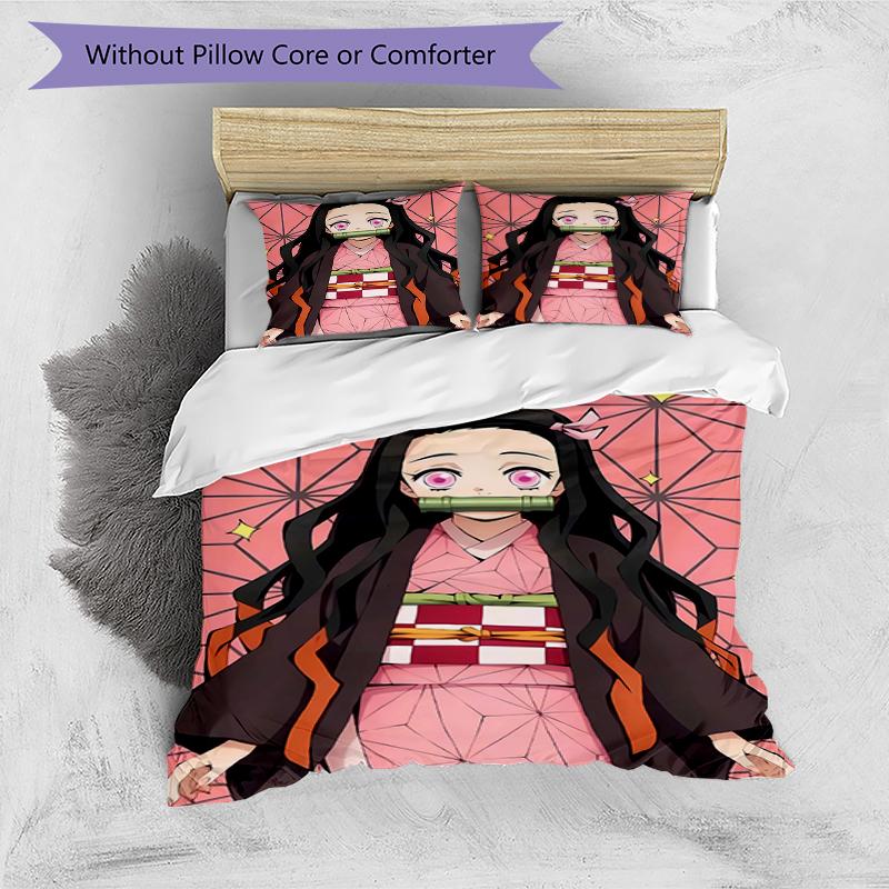 3pcs Demon Slayer Nezuko Pattern Bedding Set Duvet Cover Set Includes Duvet Cover &pillowcases, Perfect All Season Bedroom Decoration & Gift