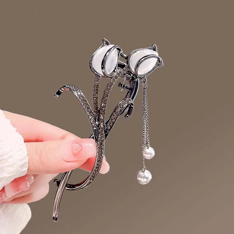 Neue Retro Tulpen Quaste Gedrehte Spange für Damen Mode Elegant Opal Stein Pferdeschwanz Haarnadel Einzeilige Spange Haaraccessoires
