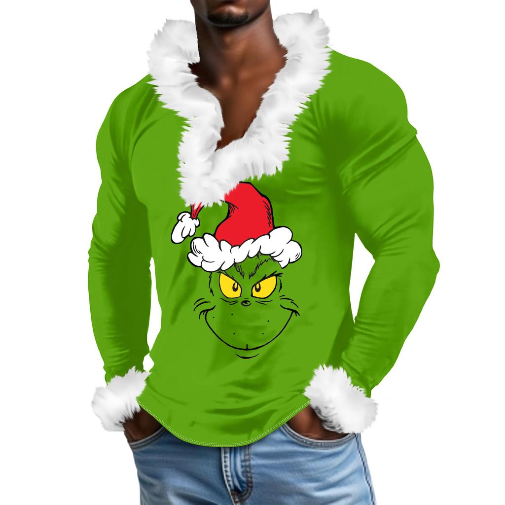 Herren Lässiges Cartoon Bedrucktes Plüsch V-Ausschnitt Mit Fleece Langärmliges Sweatshirt