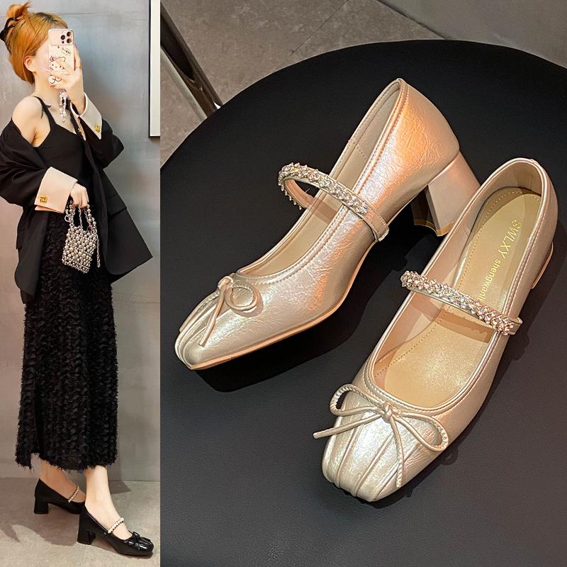 Fashion 2025French Retro  Jane Shoes Woman Beige Elegant  Shoes Comfort Versatile Bowknot Single  chaussure femme
