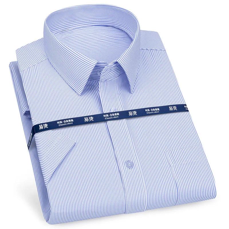 Men‘s Short Sleeve Shirt Business Classic Striped Plaid Checked Male Casual Social Dress Shirts Purple Blue 6XL Plus Large Size