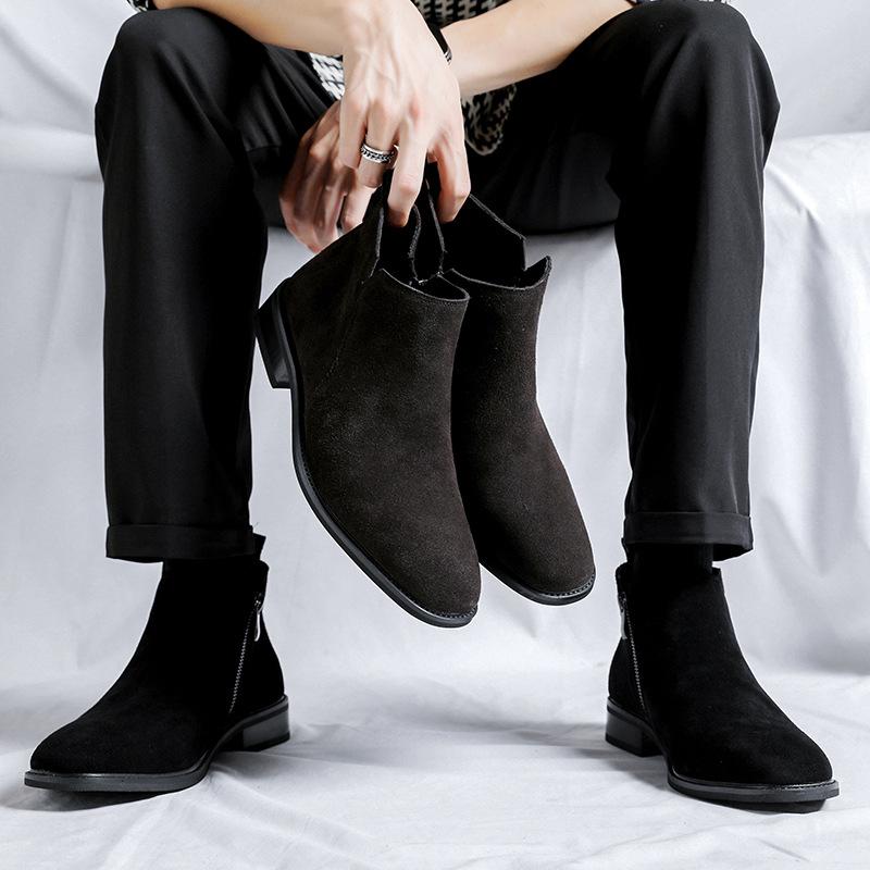 Korean style mens casual chelsea boots black brown cow suede leather shoes cowboy ankle boot spring autumn short botas zapatos