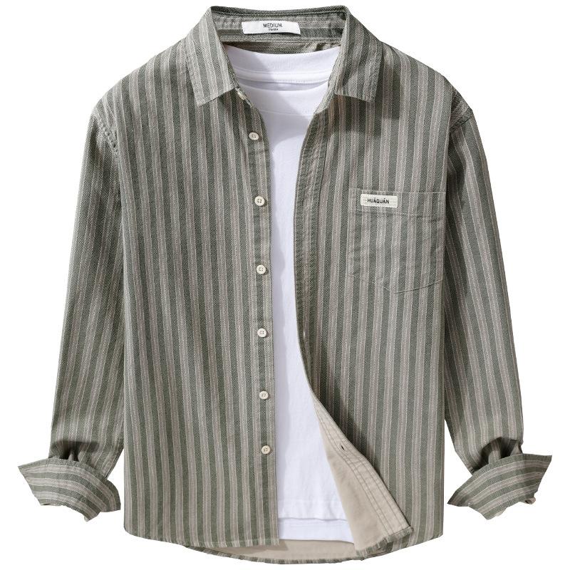 Vår och Höst Herrrandig Enkel Långärmad Skjorta Trendig Japansk Lös Mode Ungdom Mångsidig Herrskjorta