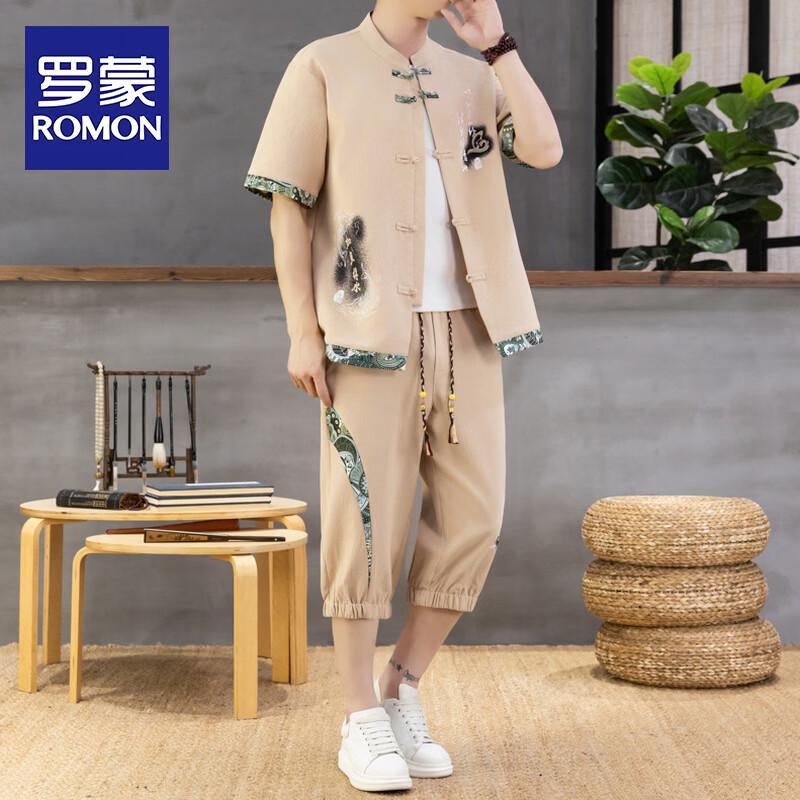 ROMON New Chinese Style Men s Summer Cardigan Shirt & Cropped Pants Set 3XL