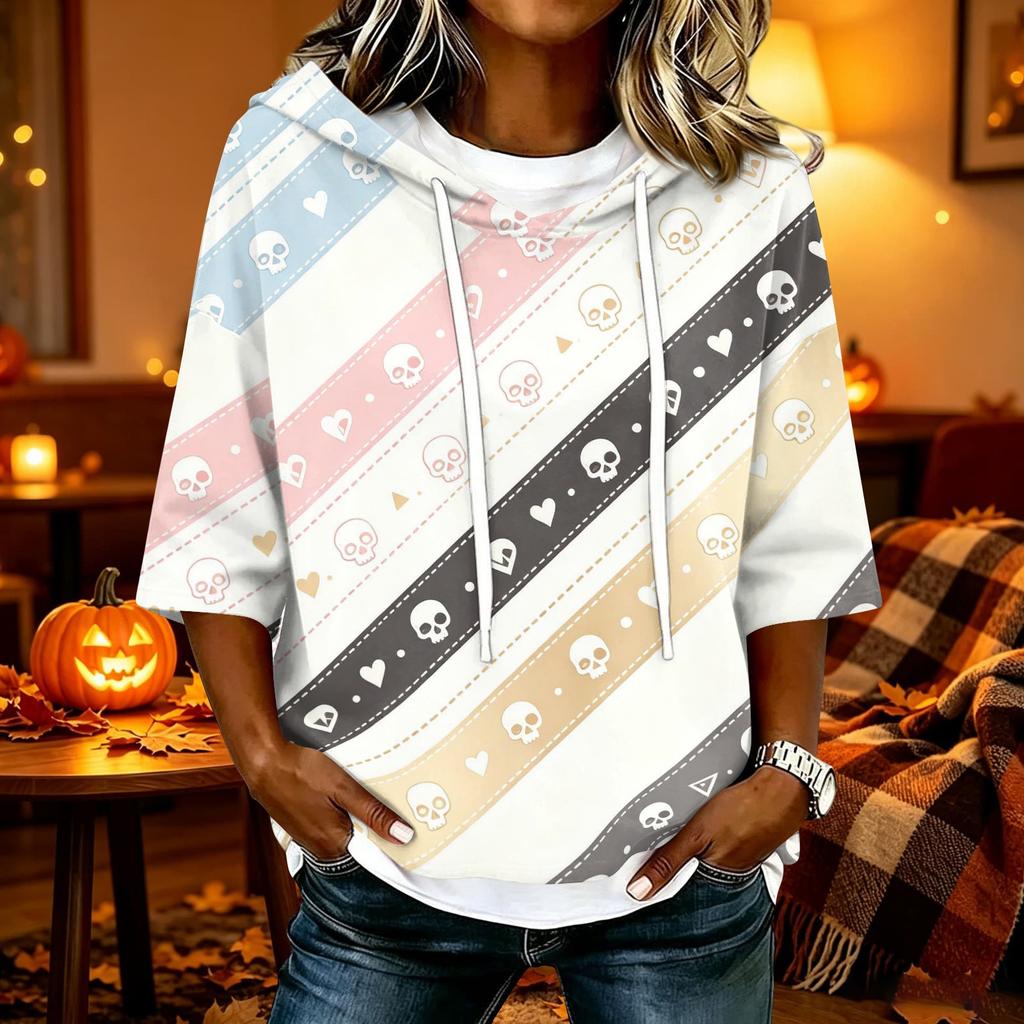 Women's Halloween Print Hooded Top, Loose Fit Casual 3/4 Sleeve Pullover Shirt