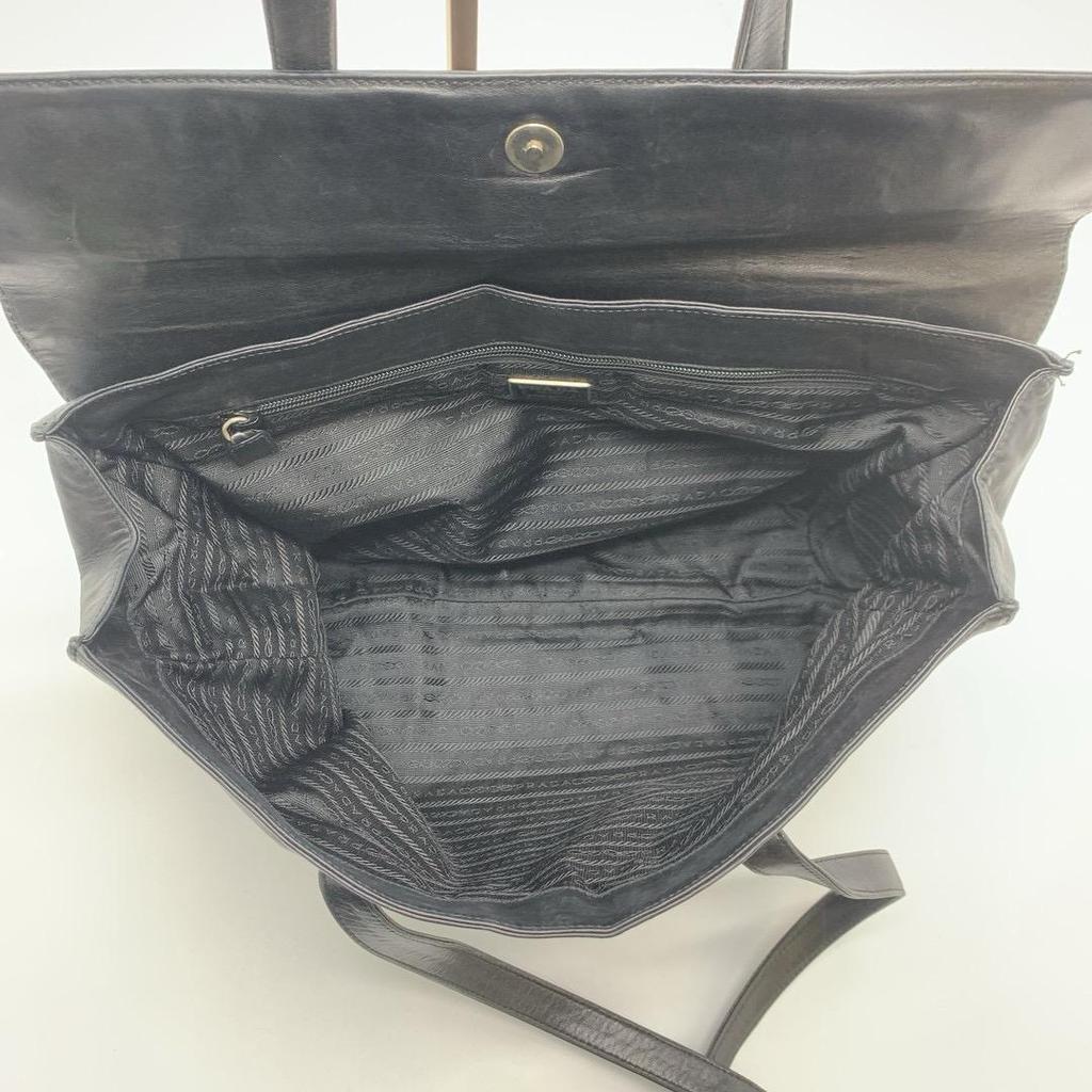 PRADA Handbag Shoulder Bag Shoulder Strap Tote Bag Nappa Leather Black Silver Hardware Logo Embossed Flap White Tag