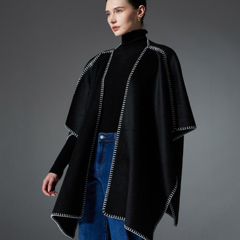 Women Double‑Sided Wool‑Feel Cape Shawl, Stitched Edge Open Front Poncho Wrap, 160×112cm Thick Warm Oversized Outer Shawl for Autumn Winter