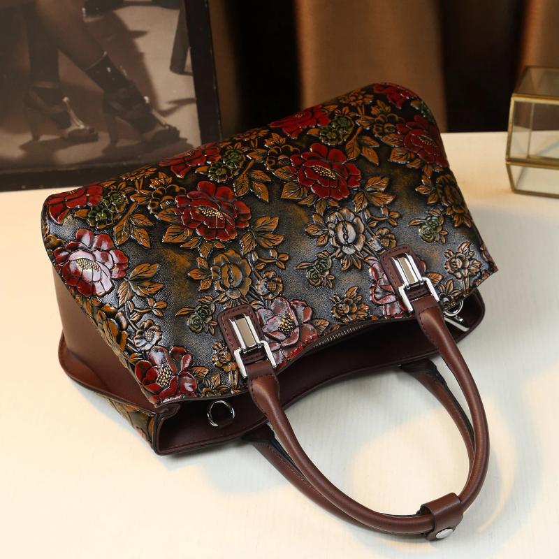 European and American Retro Flower Pattern Mature Women's Handbag Luxury PU Leather Tote Bag Commuter Bag