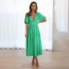 Women Summer Maxi Dress Deep V-Neck Short Puff Sleeve High Waist Ankle-Length Dresses Casual Solid Color Long Dress