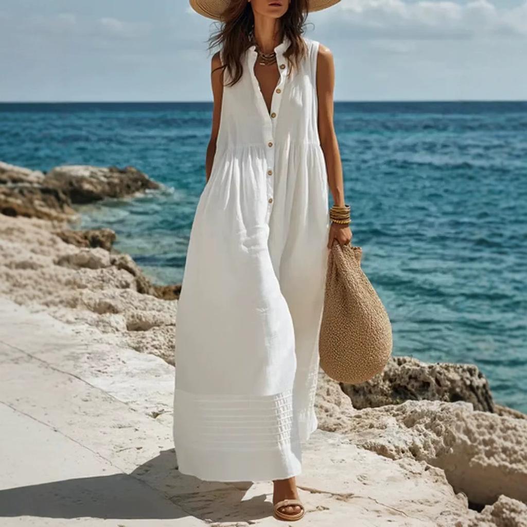 New European and American holiday style fashion casual big v-neck sleeveless big swing dress