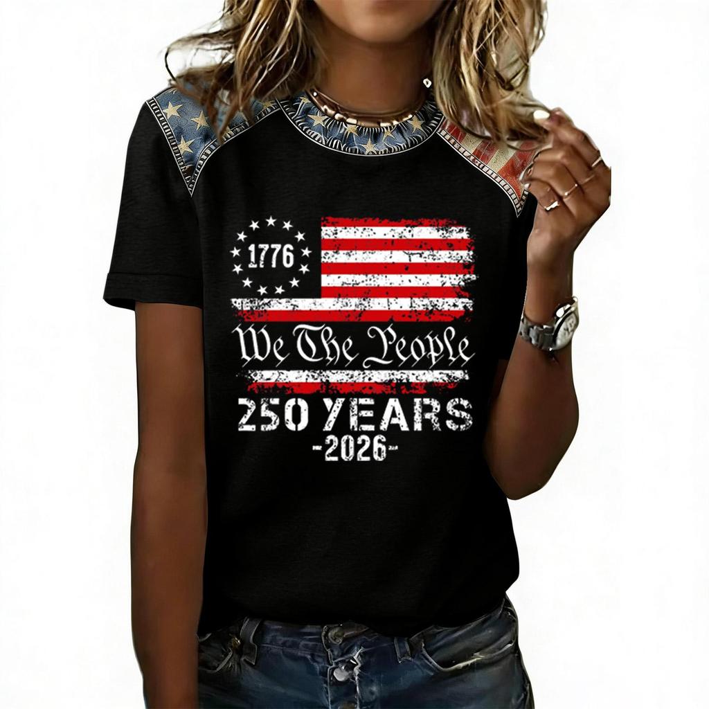 Women Casual Short Sleeve T Shirt Crew Neck Patriotic Letter Print Top Slim Fit Lightweight Tee for Everyday Wear