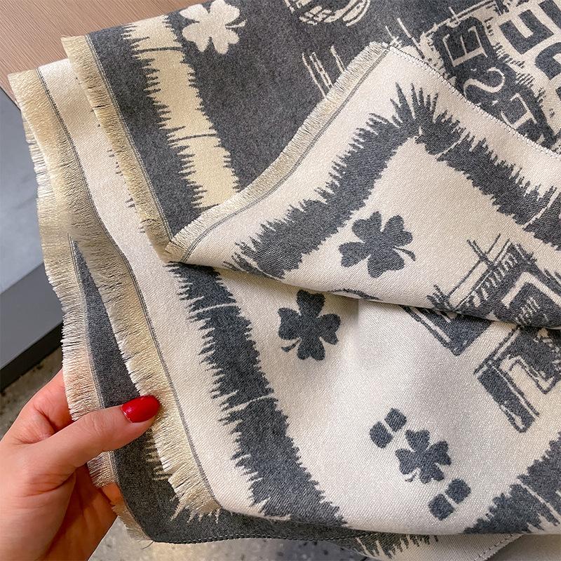 Imitation Cashmere Scarf Versatile Camellia Four-leaf Clover Thermal Air Conditioner Shawl with Fashionable Scarf