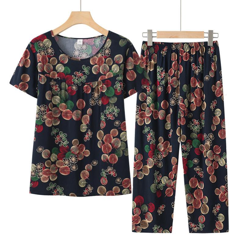 Women Loose Fit Suit Flower Printed Women's Top Pants Set with Retro Style Elastic Waist Breathable Fabric 2 for Grandmother's