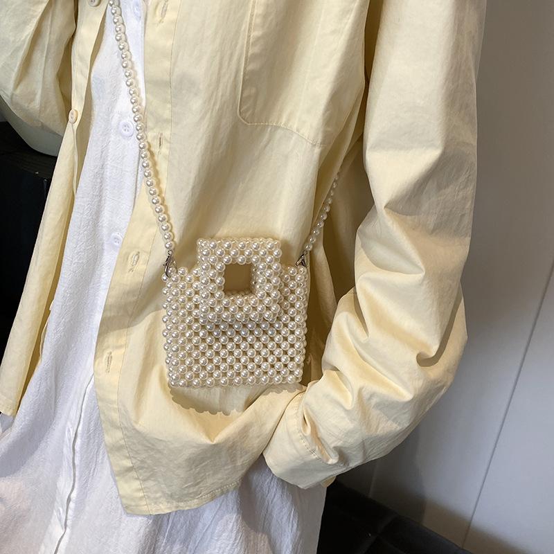 Fashion Original Style Pearl Weaving Contrasting Color Hollow Mini Women's Small Square Bag Spring New Shoulder Messenger Bag