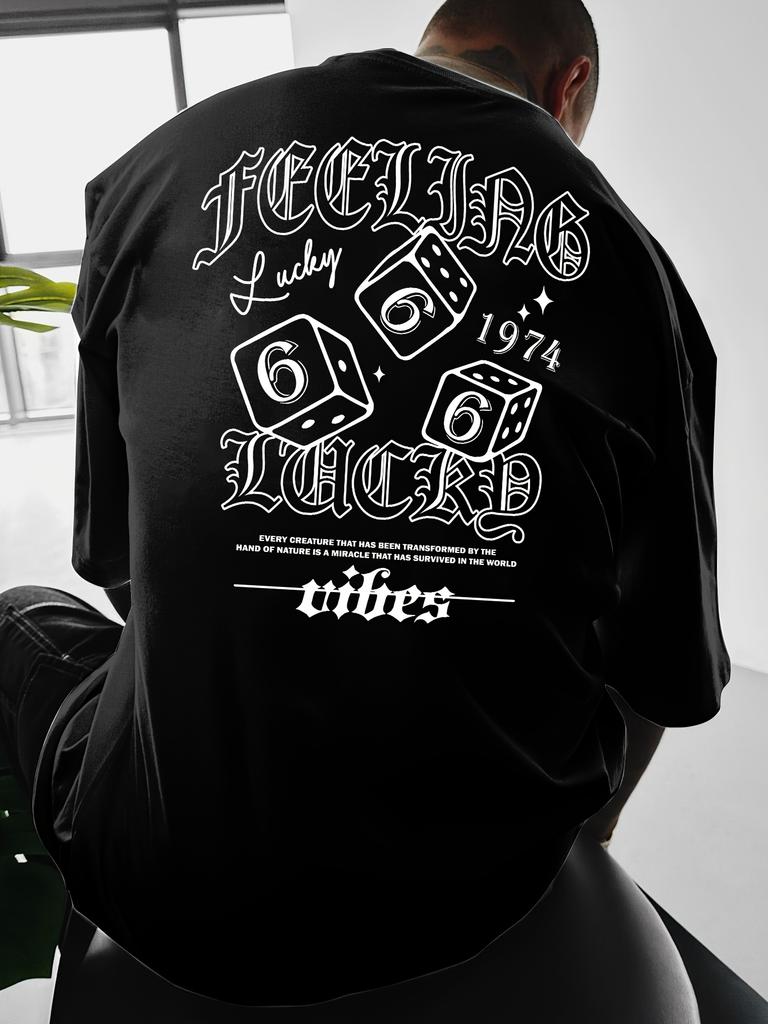 Summer Men's "Feeling Lucky" Graphic Tee Casual T-Shirt with Dice Print Loose Breathable Short Sleeve Round Neck Relaxed Fit Top