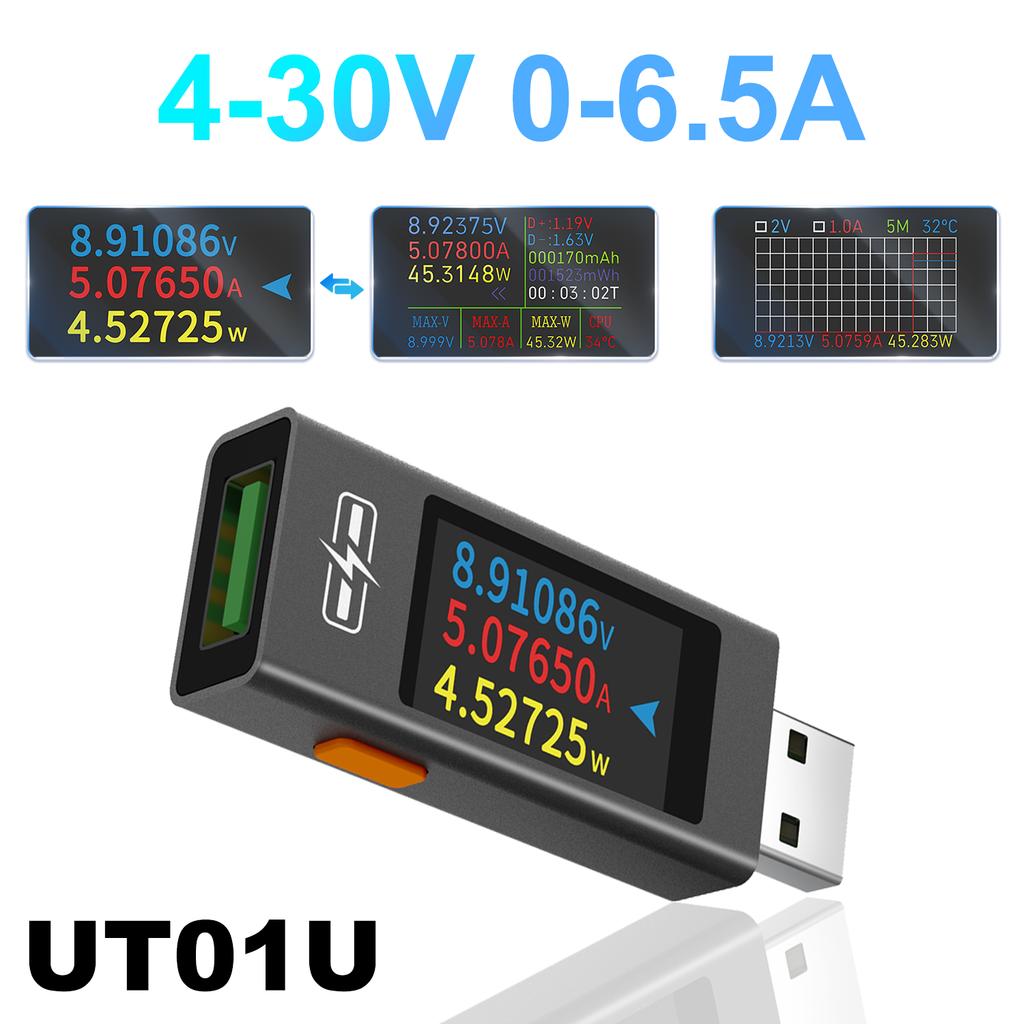 UT01U NEW USB Tester 4-30V 6.5A DC Voltage Meter Ammeter 0-195W Real Time Power Current Voltage Monitor Charging Capacity Tester