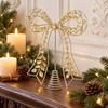 Indoor Festive Window Ornament Iron Bow Christmas Tree Topper, Gold Rhinestone Hollow-Cut Metal Light Luxury Holiday Party Decor with Spiral