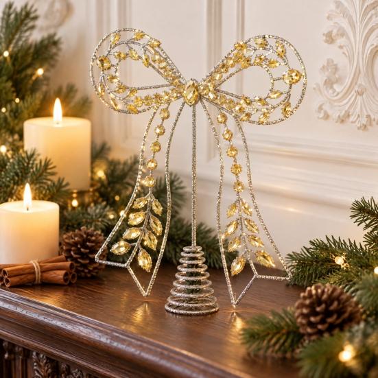 Indoor Festive Window Ornament Iron Bow Christmas Tree Topper, Gold Rhinestone Hollow-Cut Metal Light Luxury Holiday Party Decor with Spiral