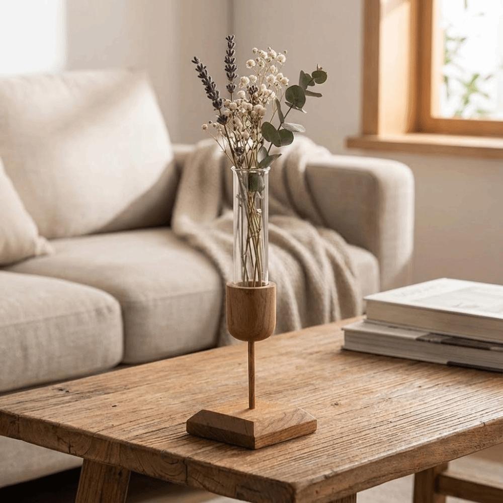 Kreative Hydrokultur-Pflanzenvase Holzsockel Minimalistische Glas-Blumenvase Einfacher Eleganter Blumenarrangement-Behälter Trockenblume