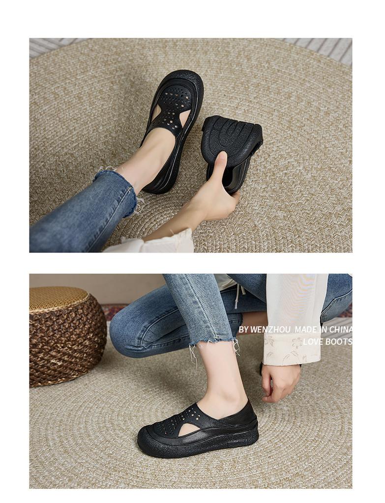 Fashion Cowhide Soft-soled Leather Mother Shoes, Middle-aged and Elderly Hollow Breathable Sandals, Anti-slip Women's Flat Shoes