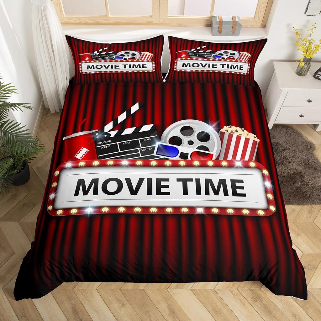 Movie Themed Bedding Set Full Queen for Boys Girls Family Home Theater Decor Vintage Comforter Cover Film Theme Duvet Cover Set