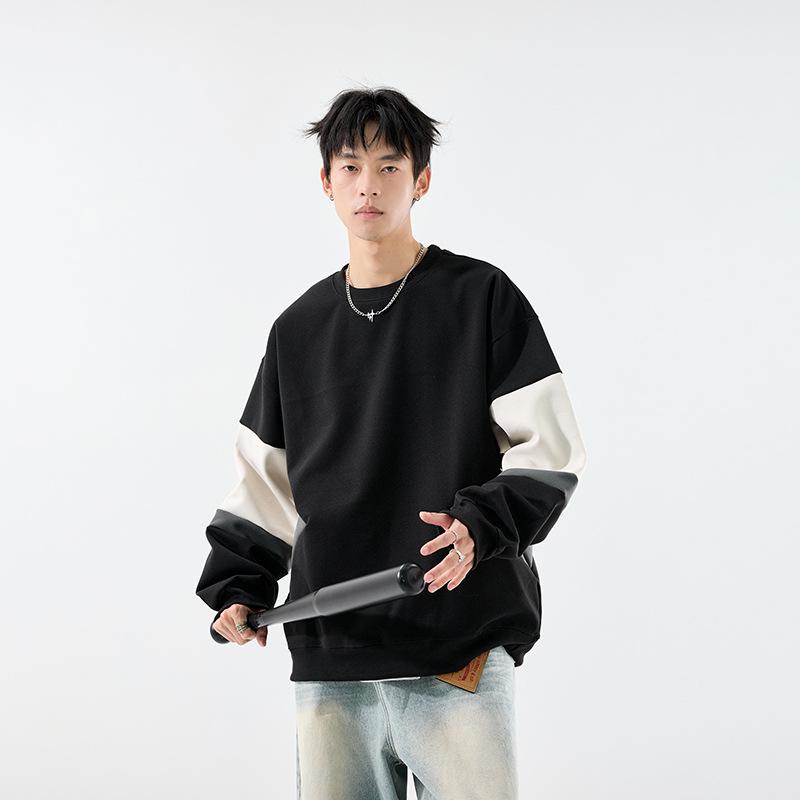 

Premium Men s Crew Neck Color Block Hoodie, Spring/Autumn Patchwork Loose Fit Korean Style Pullover 2XL чорний