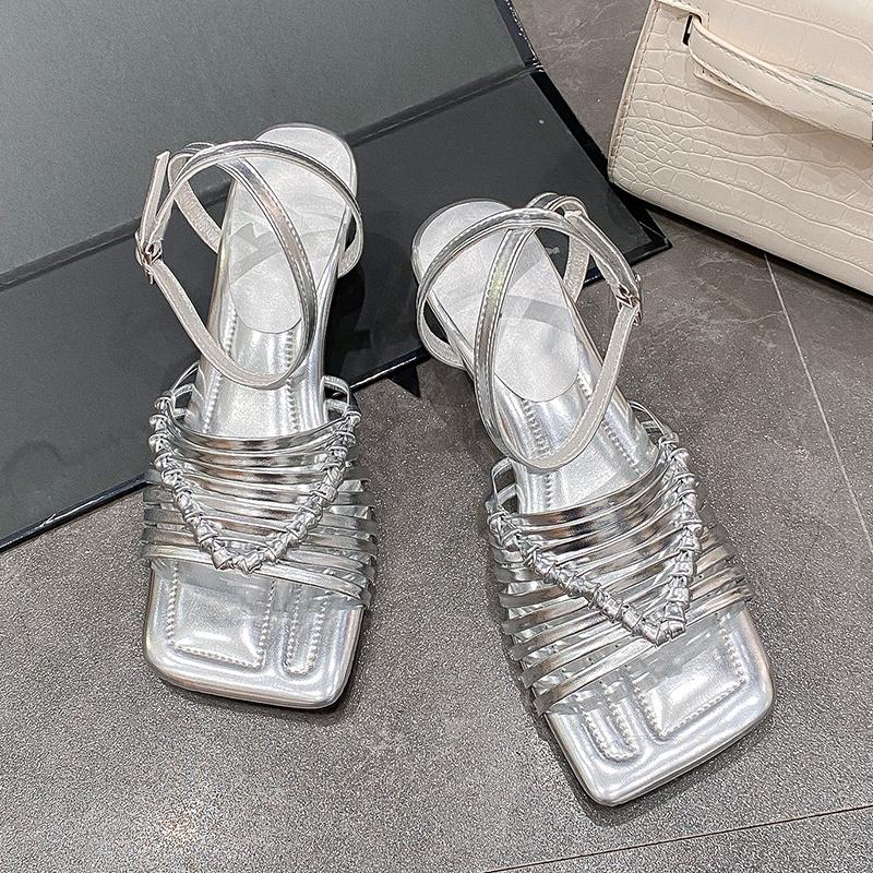 Modische Knöchelriemensandalen für Damen, eckige Zehenpartie, mittlerer Absatz, Schnallenriemen, einfarbig, Damenschuhe, gekreuzte Bindung, Designer, neue Luxusmarke