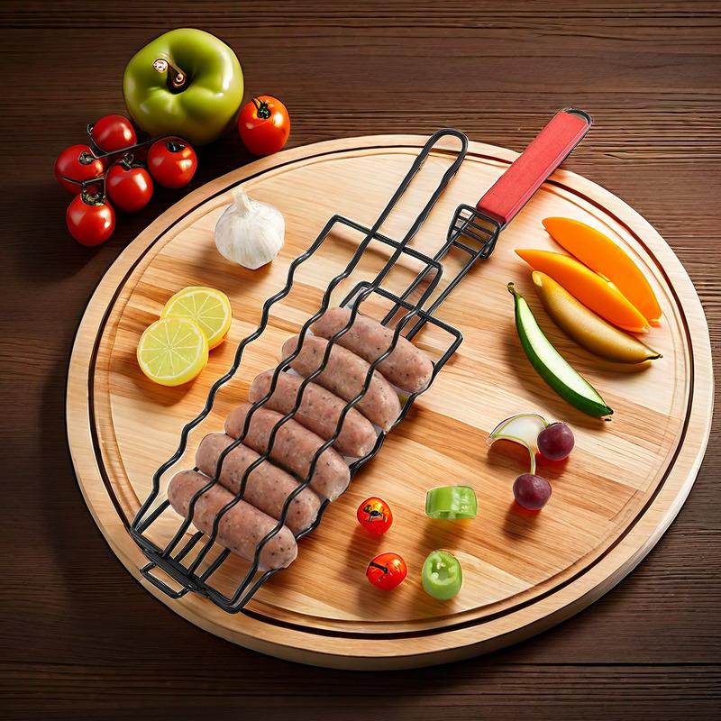 Roasting Rack Multifunctional Foldable Stainless Steel Barbecue Grill Portable Basket Type BBQ Holder Cage with Wooden Handle