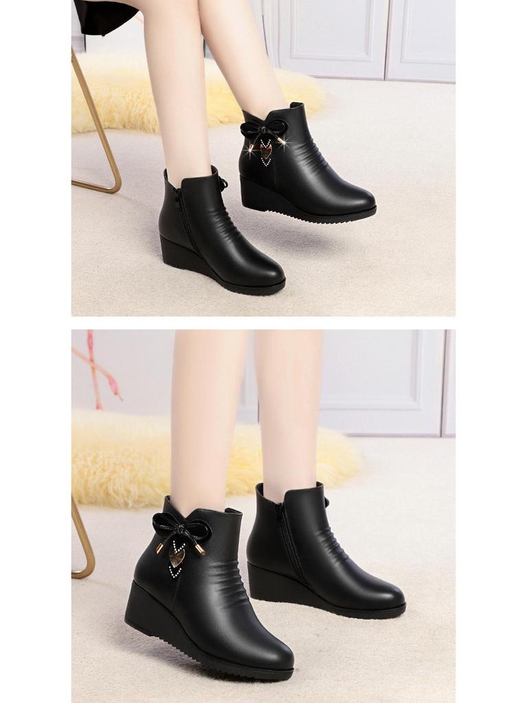 Autumn Winter Women’s Non-Slip Wedge Heel Ankle Boots - Warm Velvet Lined for Mature & Elderly