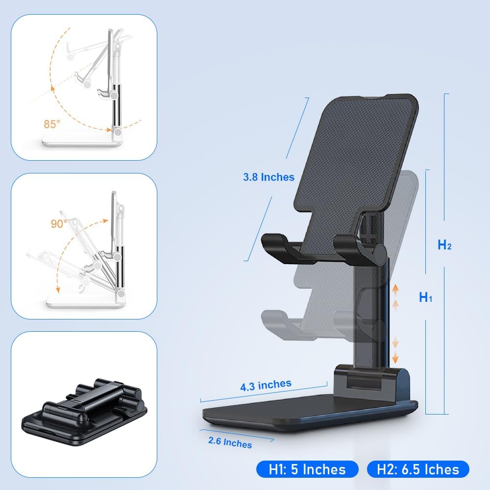 Phone Holder for Desk, MT-6 Cell Phone Stand for Desk Universal Cellphone Stand Holder Foldable & Height Adjustable Compatible Under 8” Device,