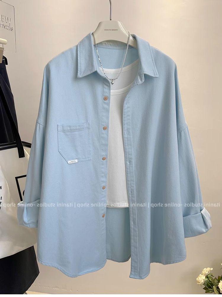 Women's Casual Loose-Fit Blue Twill Shirt Jacket - Long Sleeve, Lapel, Autumn/Winter Trendy Top