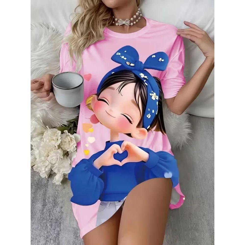 Fun Animal Colorful Patterns Women Mini Dresses Summer Short Sleeve Printed Plus Size Casual Comfortable Soft Dress