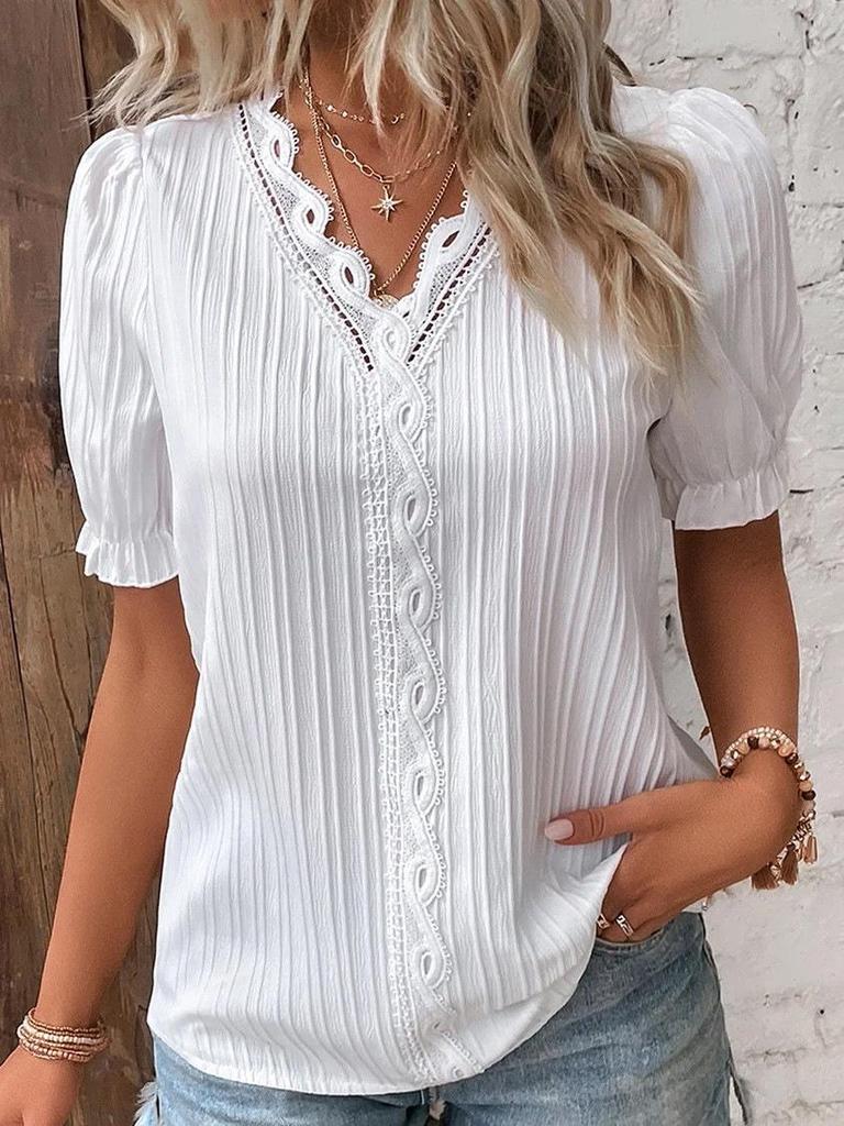 2025 Summer European & American Women's Hollowed-out Short-sleeved Holiday Fashion Shirt