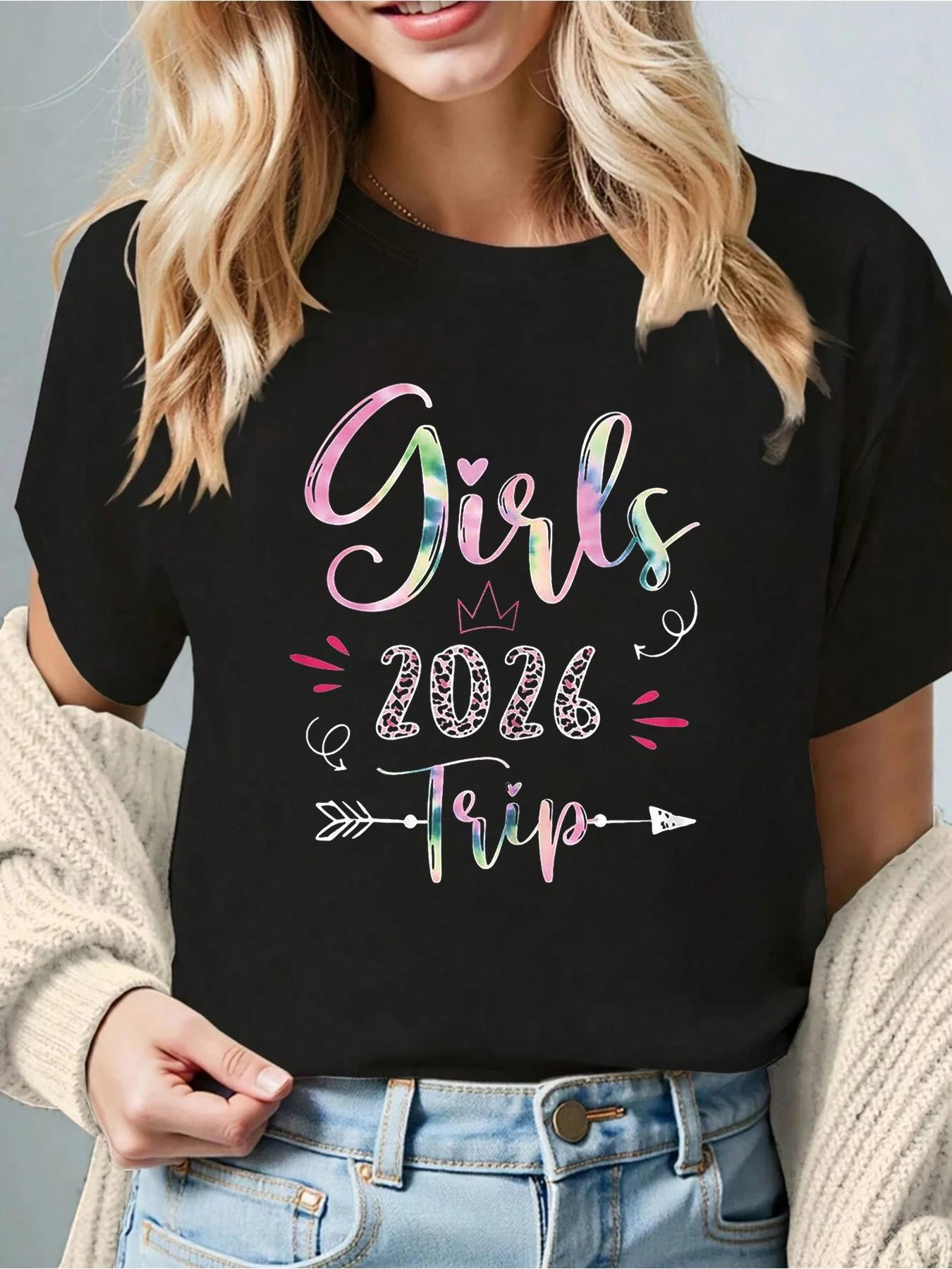 

Womens Short Sleeve Tshirt Girls 2026 New Trip Letter Print Crew Neck Casual Daily Fitted Comfort Top Summer Spring Clothes S